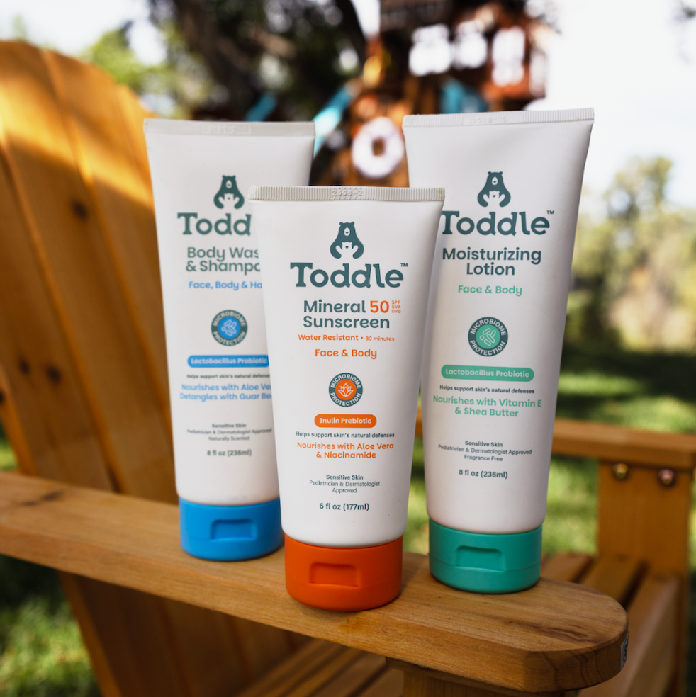 Full Toddle skincare set for kids featuring gentle 3-in-1 wash, mineral sunscreen, and daily moisturizing lotion with prebiotic ingredients.